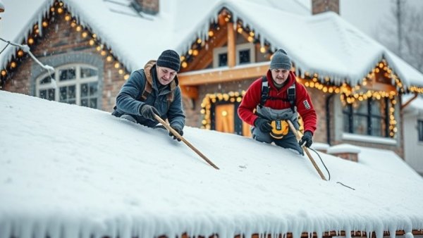 Two workers clearing ice dams from a snowy roof, Ice Dams Prevention.