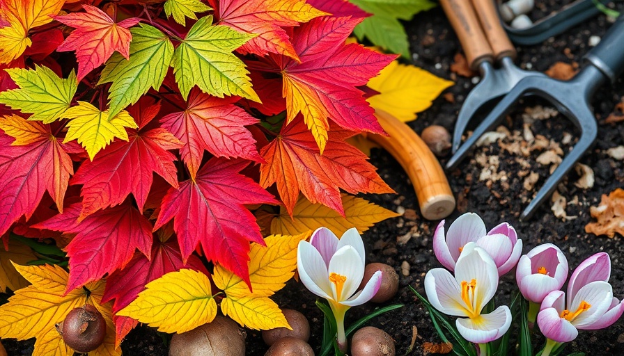 Fall gardening tips collage with leaves, bulbs, and flowers.