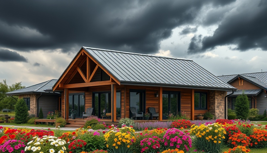 Modern home with garden under stormy skies, ideal for post-storm home inspection checklist.
