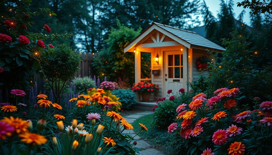 Enchanting garden scene with colorful flowers and fireflies.
