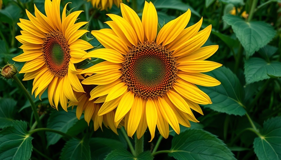 Sunflowers in a September garden with lush greenery.