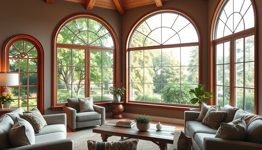 Elegant living room with custom window shapes, lush outdoor view.