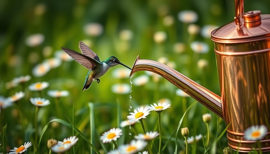 Copper watering can, hummingbird in a field, garden gifts.