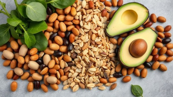 Variety of fertility-boosting foods like nuts, seeds, avocado on a tabletop.