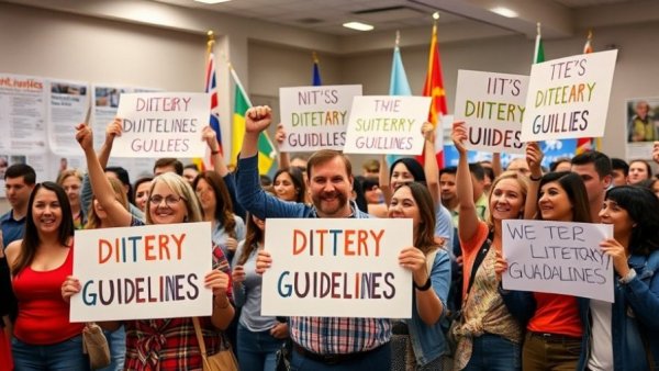 Enthusiastic group holding signs for Dietary Guidelines for Americans at a rally.