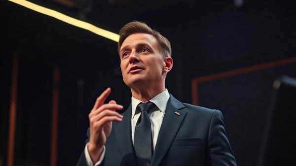 Confident speaker in a suit delivering a speech, best known beats the best theme.