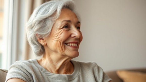 Cheerful older woman in blue shirt smiling indoors, Turmeric for Heart Health