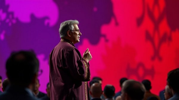 Man discussing money as energy on stage, engaging audience.