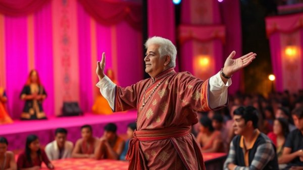 Speaker in traditional attire, engaging energetically on stage about money as energy.