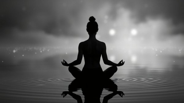 Woman meditating to 312 Hz healing frequency, serene atmosphere.