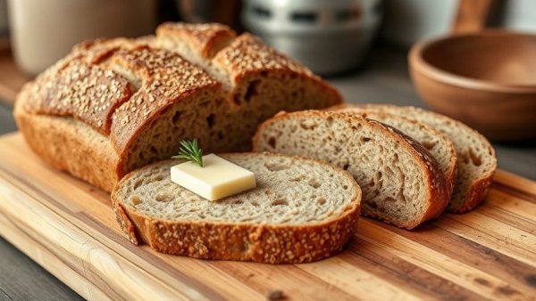 Whole Wheat Soda Bread Recipe with butter and herbs, rustic setting.