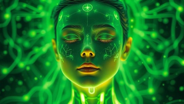 Ethereal human emitting healing energy in futuristic green setting.