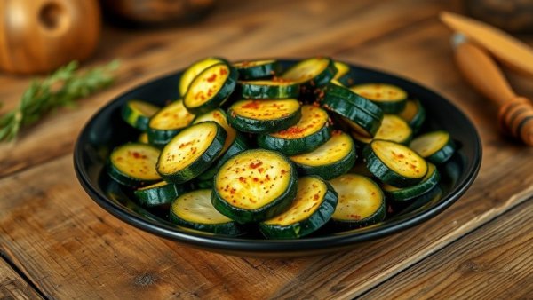Spicy Asian Zucchini Recipe with seasoned slices on a rustic table.