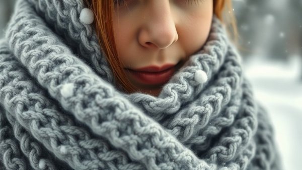 Close-up of a woman wearing a gray scarf in snowy weather, Benefits of Wearing a Scarf in Cold Weather.