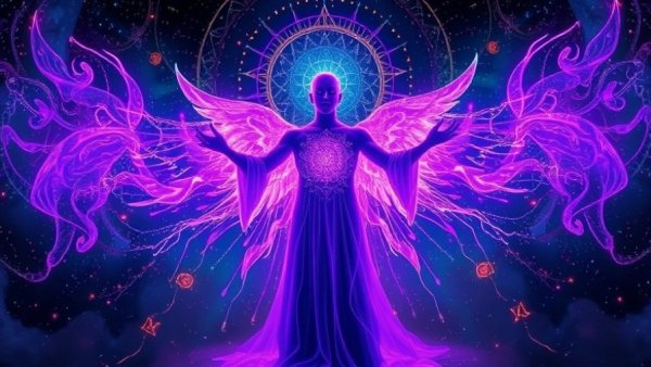 963 Hz Healing Frequencies: Ethereal figure emitting vibrant energy.