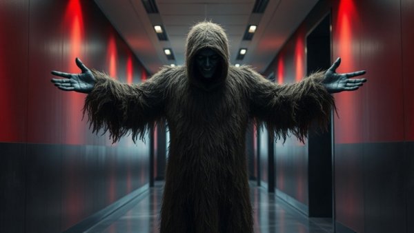 Mysterious figure in shaggy costume bringing the light and vibes, modern hallway.