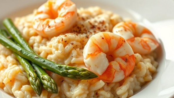 One pot risotto with shrimp and asparagus close-up on a plate.