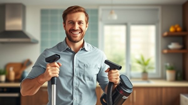 Man with vacuum cleaners discussing vacuum mold air concerns in kitchen.