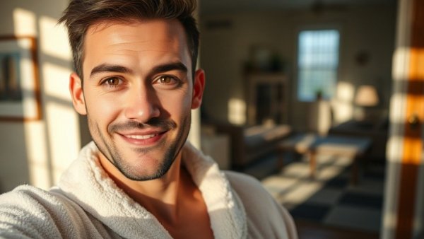 Person in sunlight wearing bathrobe with text overlay about Peptides GLPs Venom Benefits.