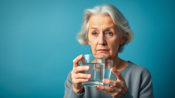 Concerned senior woman holding water glass, highlighting hydration mistake for seniors.