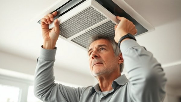 Man changing air filter to reduce allergens in the home.