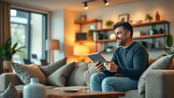 Build your own AI clone: Two men talking in a modern living room.