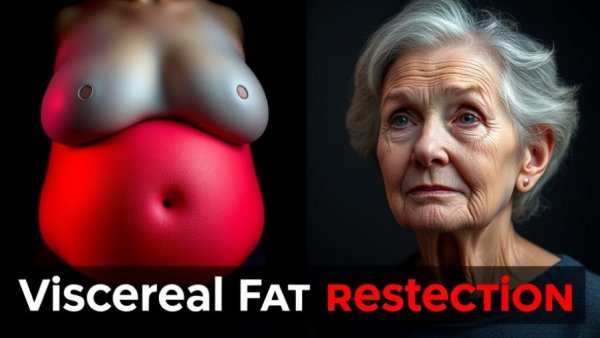 Illustration showing how to lose visceral fat fast next to older woman.