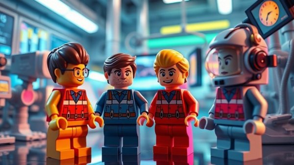 Lego figures in futuristic lab exploring AI clones, vibrant design.