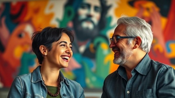 Two people smiling and talking indoors, abstract art background.