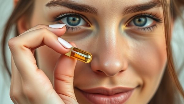 Young woman holding collagen supplement capsule close-up.