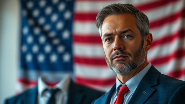 Professional men advocating for foster youth with flag background.