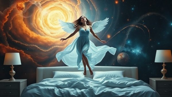 Ethereal figure floating above bed in cosmic scene, Lucid Dreaming Music theme.