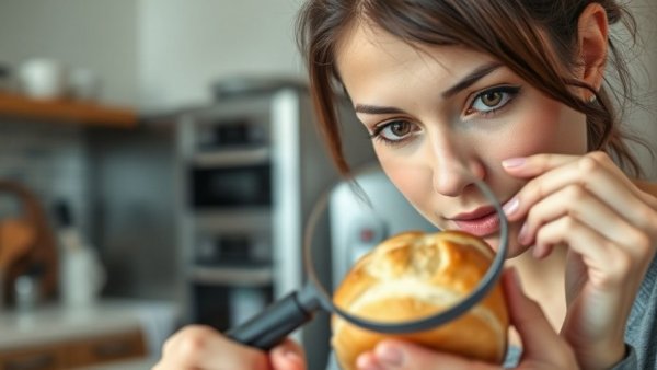 Curious woman examines bread for Lowering Sodium in Everyday Foods.