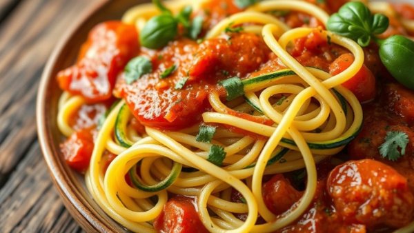 Vibrant gluten-free zucchini noodles topped with tomato sauce.
