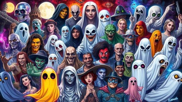 Collage of ghost-themed characters, classical and modern styles, quantum physics theme.