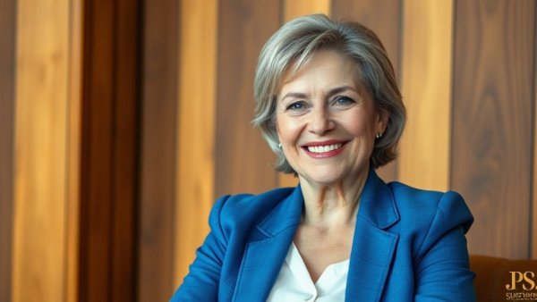 Warm office setting with a smiling woman in a blue blazer.