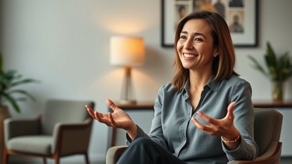 Woman in office explaining feng shui for success.