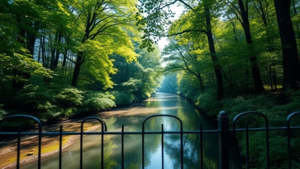 Password security humor text over scenic river with trees.