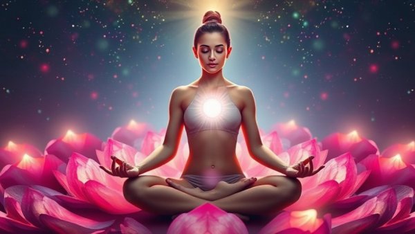Meditating woman with glowing solar plexus chakra, lotus surroundings.