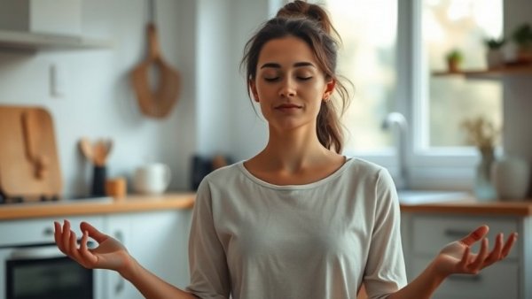Woman meditating on couch, promoting acupuncture vagus nerve health, in kitchen.