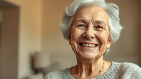 Warmly smiling elderly woman feeling comfortable indoors, photorealistic.