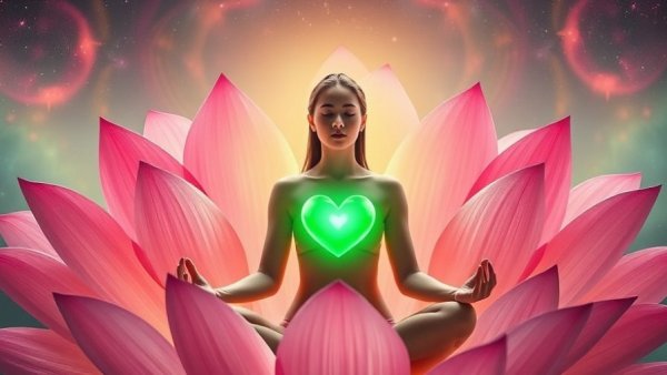 Serene meditation with heart chakra healing frequencies and lotus petals.