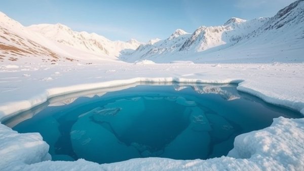 Pristine icy cold plunge pool amidst snowy mountains reflecting serene sky.