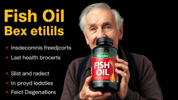 Elderly person with fish oil bottle promoting health benefits.