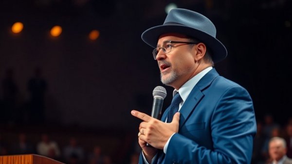 Quiet contemplation of a speaker in a blue suit on stage, expressive moment.