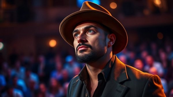 Quiet emptiness captured as a stylish man stands on stage expressing contemplation.