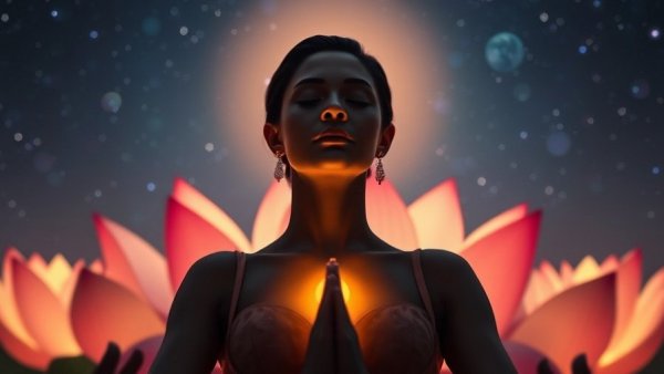 Serene meditative woman with glowing throat chakra in lotus flower setting.