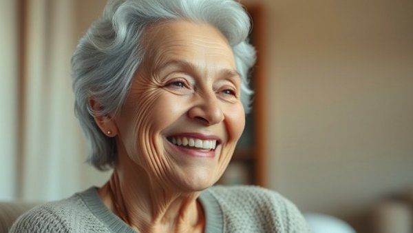 Warm and comforting older woman, understanding anxiety.