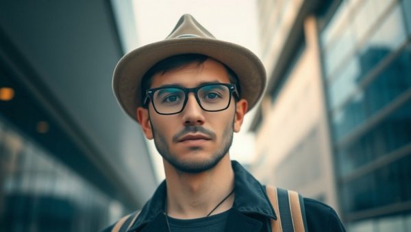 Confident man in hat, standing by modern architecture, natural light.