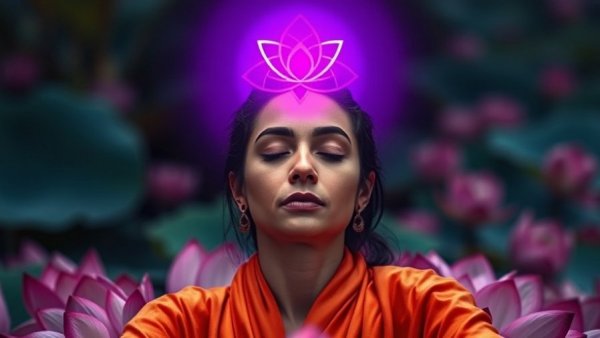 Serene meditation with crown chakra, pink lotus background.